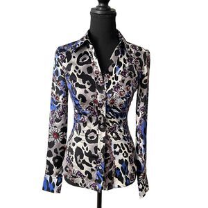 VTG 90’s Cache Silk Women’s Button Up Fitted Leopard Gem Print Blouse size XS